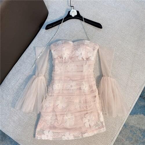 Summer Dress Woman New Korean Style Fairy Sweet Embroidered Rhinestone Chain Flounced Sleeve Mesh Dressed Vestido De Mujer