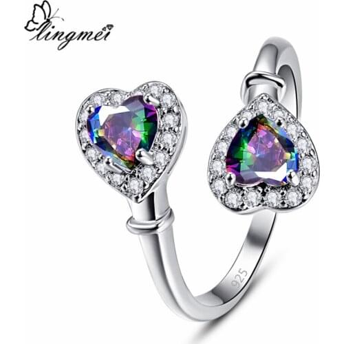 Lingmei Double Heart Women Wedding Jewelry MultiWhitePink Zircon Silver Color Ring Size 6-9 Engagement Sweet