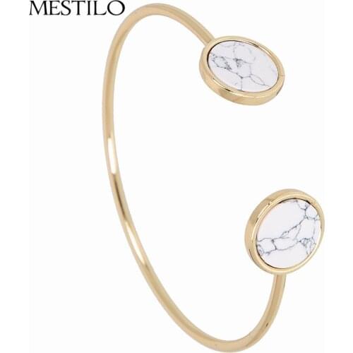 MESTILO Jewelry Gold Color Round Faux Marble Black Stone Cuff Bangle Punk Gold Color Trendy White Howlite Bracelet Bangle Women