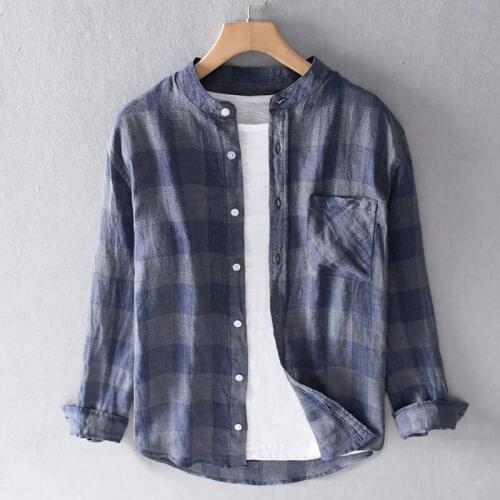Original designer 100% linen brand shirts men plaid stand collar shirt for men coffee color long sleeve shirt mens overhemd
