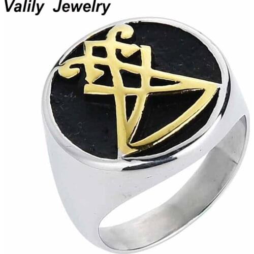 EdgLifU Mens Boys Sigil of Lucifer Stainless Steel Seal of Satan Stainless Steel Gold Black Finger Band Ring US Size 7-13
