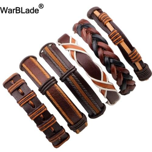 WarBLade New 6pcs/Set Genuine Leather Men Bracelet Vintage Charm Braided Bracelets Bangle Punk Wrap Wristband For Male Jewelry