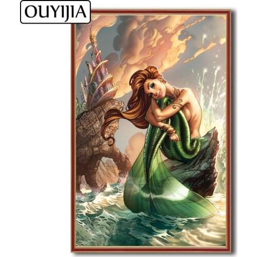 OUYIJIA Mermaid 5D DIY Siren Fish Animal Cartoon Diamond Painting Decoration Gift Mosaic Rhinestone Picture Embroidery Beauty