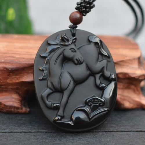 Drop Shipping Natural Black Obsidian Stone Carving Chinese Zodiac Horse Lucky Amulet Pendant Necklace For mens fashion Jewelry
