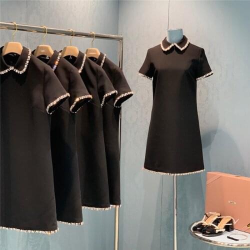 Luxury Handmade Diamonds Woman Dress 2021 Summer Korean Fashion Elegant Short Sleeve Black Mini Party Dresses for Women