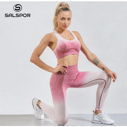 SALSPOR Casual 2Pcs Seamless Fitness Women Set Stretch Tracksuit Women Sports Set Sleeveless Sports Bra High Waist Legging
