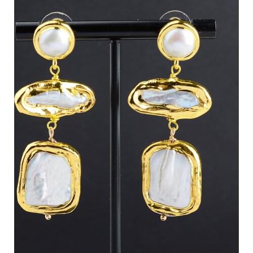 24 K Yellow Gold Plated Freshwater Biwa Pearl Square Pearl Stud Earrings