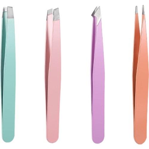 4 Colors Stainless Steel Eyebrow Tweezers Eyebrow Hair Removal Makeup Tool Slant Tip Eyelash Tweezers