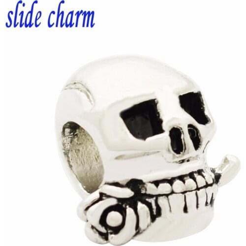 Slide charm Free shipping Europe Halloween New Arrivals rose skull amulet charm beads fit Pandora bracelet
