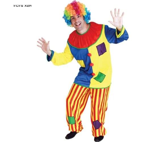Funny Men Halloween circus clown Costumes Adult droll Joker Cosplay Carnival Purim parade Masquerade Stage play Bar Party dress