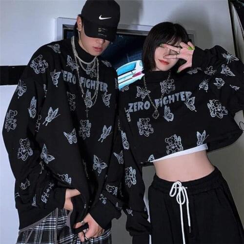 Couple sweatshirt hoodie Oversized tees Pullover Women Long sleeve Y2k Korean Chic Butterfly Print Harajuku Loose Sweatshirt Top