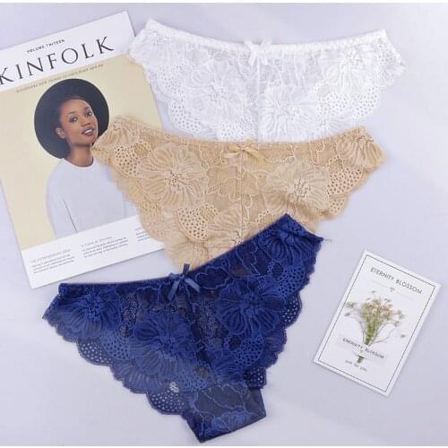 Sexy Panties Woman Lace Transparent Briefs Hollow Out Cotton Crotch Girls Underpants Female Underwear 3 Pcs/Set Dropshipping
