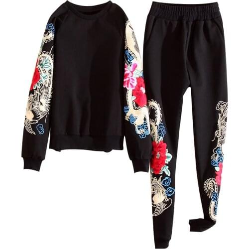 High-end women floral women 2 pieces set vintage embroidery coat top + blue pants flowers elegant lady casual suit set S-XXL