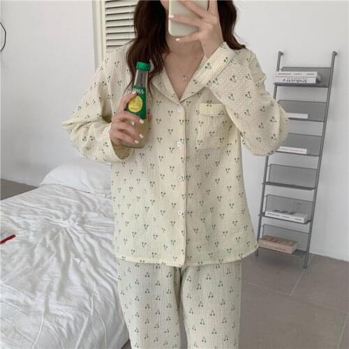 Green Cherry Print Sleepwear Home Suit Turn Down Collar Shirts + Pants Set Pajamas Nightwear Loose Cotton Soft Sweet Kawaii