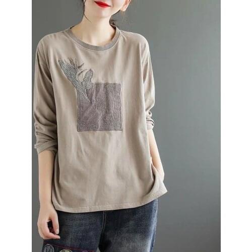 Embroidered Long-Sleeved Women T-shirt 2021 Autumn Loose Casual Plus Size Womens Clothing Round Neck Top