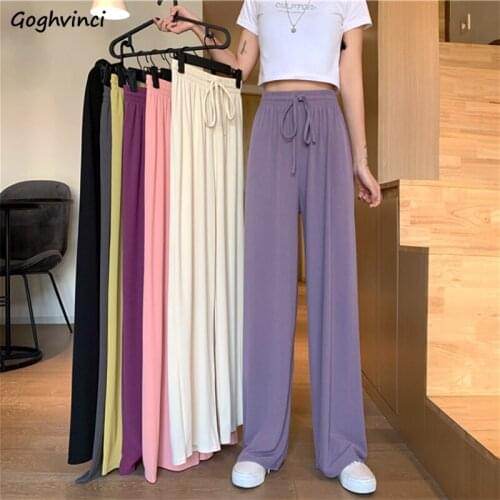 Women Casual Wide-leg Pants Summer Loose Drawstring 6 Colors Solid Students Korean Style Ulzzang Comfortable High Waist Trousers