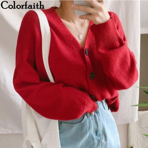 Colorfaith Womens Sweaters Autumn Winter 2019 Cardigans Knitted Button Single Breasted Fashion Korean Style Red Tops SWC5003