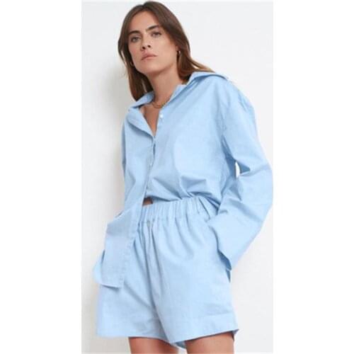 Women Tracksuit Shorts Sets Long Sleeve Shirt Tops And High Waisted Shorts Two Piece Set Turn-Down Collar Tops Loose Loung Wear