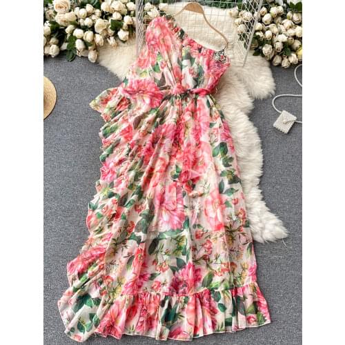 Spring European American Floral Maxi Vestidos Womens Diagonal Collar One-shoulder Ruffled Temperament Dress C639