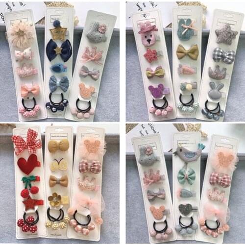 5set/lot Children Flower Crown Hair Clip Hair Rope Set Bow Hairpins Scrunchy Star Rabbit Barrettes Girls Headwear Accessories