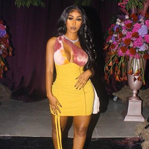 Adogirl Women Diagonal Collar Tie Dye Patchwork Drawstring Dresses Sexy Party Bodycon Clubwear Slim Female Backless Clothes