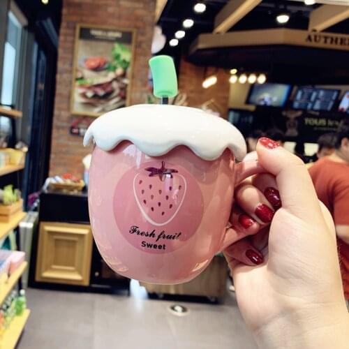 Lovely strawberry pot-bellied glass ceramic cup creative girl heart mark cup with cover spoon soft sister female students