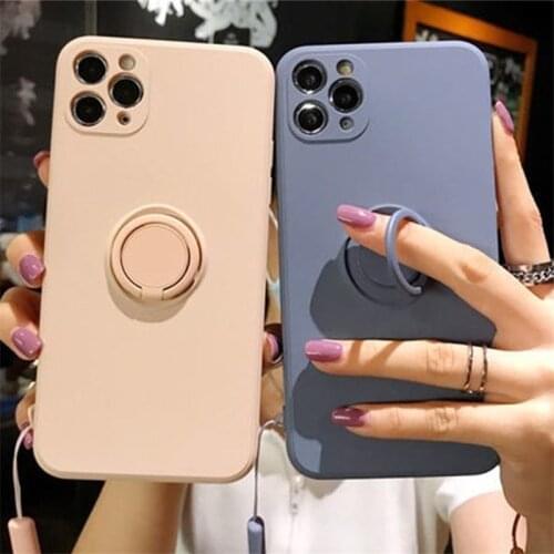 Liquid Silicone Ring Holder Phone Case For iPhone 12 11 Pro Max XR XS 8 7 Plus 12Mini 11 12 Pro Lanyard Bracket Soft Back Cover