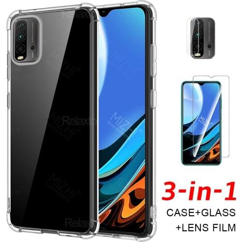 For Xiaomi Redmi 9T case 3in1 transparent case for xiaomi redmi 9t nfc redmy 9 t redmi9t tempered glass camera lens phone cover
