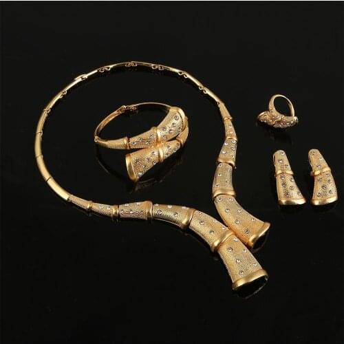 Dubai Gold Color Crystal Trendy Wedding Necklace Earring Bracelet Ring Fashion Women Jewelry Sets
