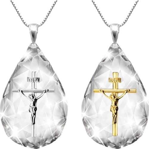 Crystal waterdrop pendant Necklace Jesus Cross Necklace Jewelry Gift