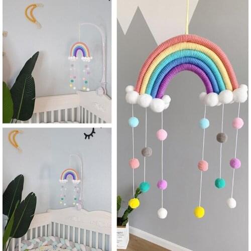 Ins Nordic Hand-woven Cloud Rainbow Pendant With Colorful Pom Pom Pendants Boho Wall Hanging Tapestry Tassel Wind Chimes Decor