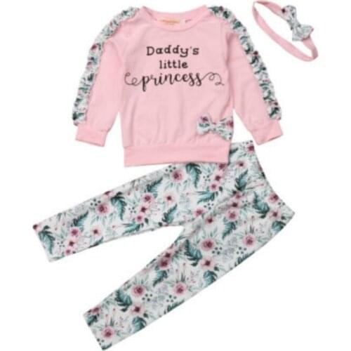 3Pcs Baby Infant Girls Outfits Letter Print Patchwork Bow Knot Long Sleeve Top Floral Print Pants Headwear Baby Toddler Set 0-3Y