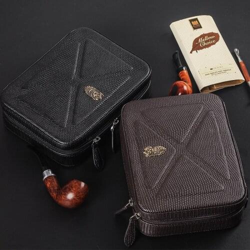 Tobacco Pipe Leather Case - 4 Pipes - Authentic Full Grade Lizard Pattern - Smoking Pipe Set Portable Travel Bag Accessories