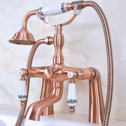 Deck Mount Claw-foot Bathtub Faucet Tub Filler Handheld Shower Antique Red Copper Brass Dual Ceramic Handles ana176