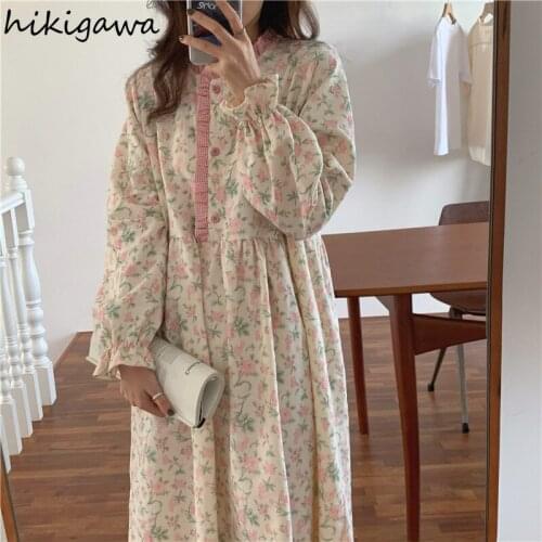 Hikigawa Floral Sanded Pajamas Women 2021 Autumn Sweet Loose Sleepwear Korean O Neck Long Sleeve Robe Nightgown Women Cotton