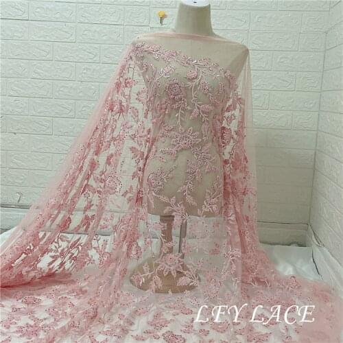 Pink Gorgeous Heavy Bead Party Arican Evening Dress Mesh EmBroidery French Lace Top Quality African Nigerian style lace fabric