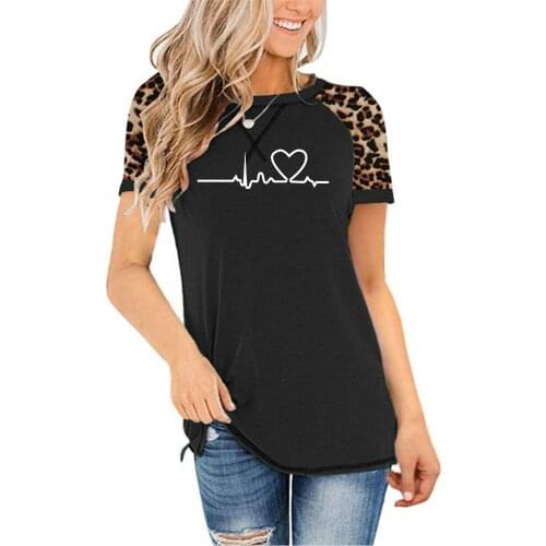 Spring and Summer 6 Color New Womens Top T-Shirt Leopard Print Stitching Round Neck Short-Sleeved T-Shirt