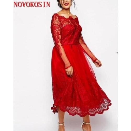 2019 Square Neck Long Sleeve Tea-Length Party Prom Dress Evening Gown Red Lace Plus Size Evening Dresses