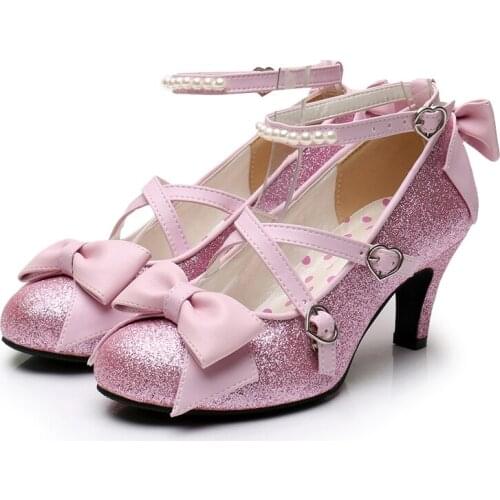 Lolita Sequin Lovely Pearl Tea Party High Chunky Heels 6cm Cross Bow Simple Handmade Sweet Girl Kawaii Japanese Anime Women Shoe