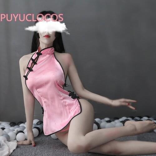 Women Chinese Sexy Erotic Uniform Lingerie Qipao Short Cheongsam Pink Dress Exotic Cosplay Costume Nightgowns Sleepwear