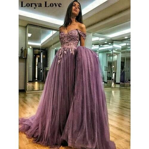 Purple Evening Dresses 2020 Women Formal Party Night Prom Gowns Off The Shoulder Robe De Soiree Appliques Tulle Vestido De Gala
