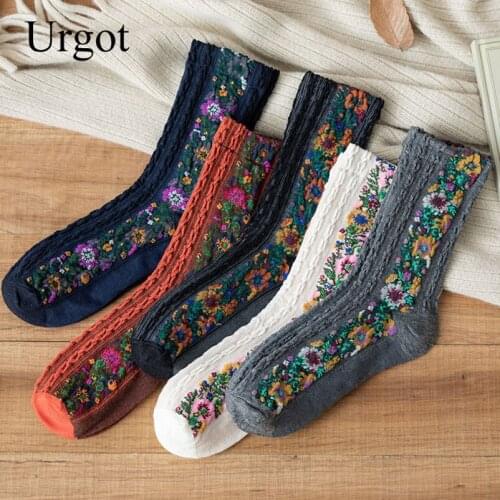 Urgot 3 Pairs 2021 New Fashion Womens Socks Cotton Euramerican National Wind Flowers Autumn and Winter Lady Socks Warm and Cute