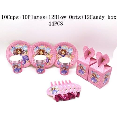 44Pcs Disney Sofia Princess Cartoon Kids Birthday Party Disposable Decorations Party Blow Outs Cups Plates Sofia Candy Box Sets