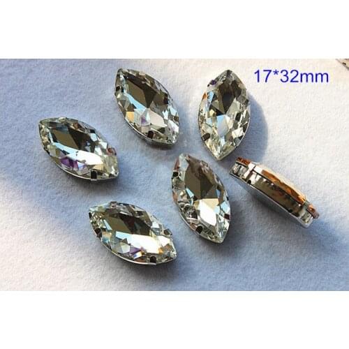 Large Size Navette Sewing on Beads,Faceted Clear Crystal Glass Bead in Silver Setting,Garment Decoration Beads