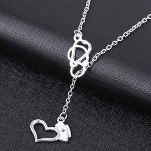 Nurse Hat Stethoscope Charm Pendant Hollow Love Heart Clavicle Chain Necklace