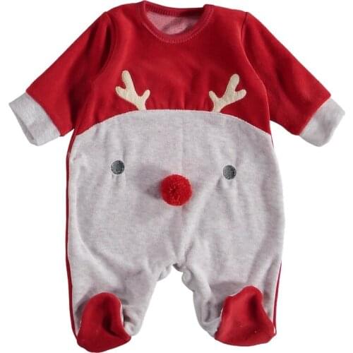Pompom Toe Deer Embroidered Velvet Baby Jumpsuit 3-9 MONTHLY FOR BABIES
