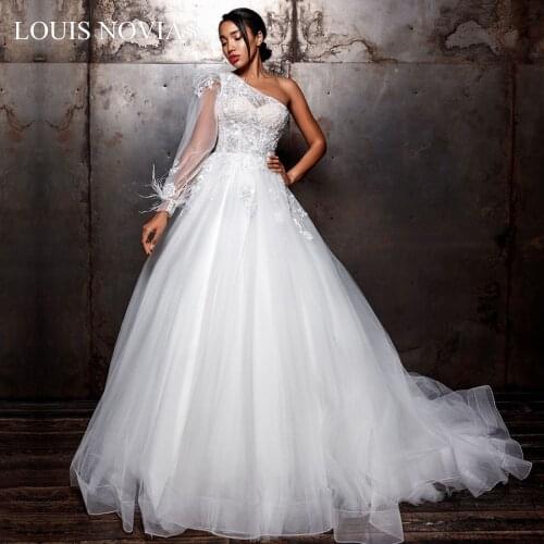 A-line2020 Beaded LOUIS NOVIAS Elegant Backless 3D Irregular One Shoulder Long Sleeve Lace Beach Bridal Dress Vestido De Noiva