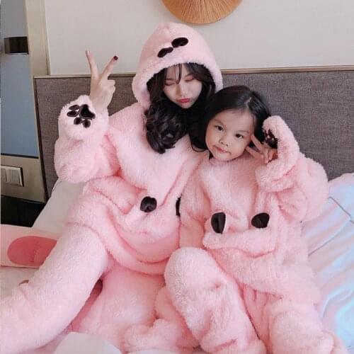 Flannel Cartoon Women Pajamas Set Autumn Winter Thick Warm Coral Fleece Sleepwear Homewear