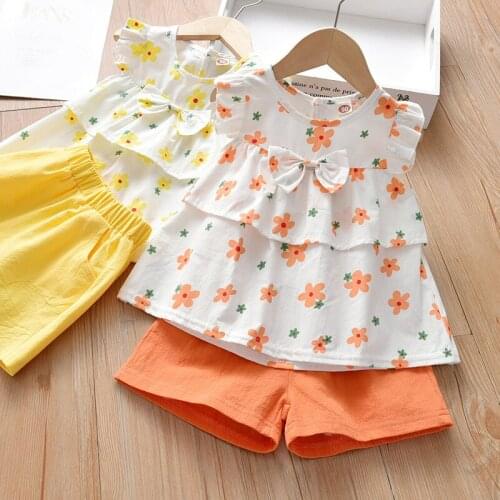 Girls' Western Style Suit Summer 2021 New Baby Floral Sleeveless Vest Top Childrens Shorts Two-Piece Suit Fashion