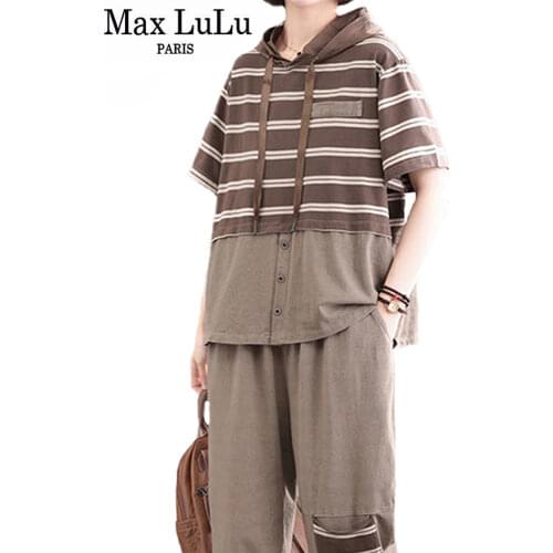 Max LuLu 2021 Autumn New Korean Style Casual Striped Women Two Pieces Sets Hooded Pockets Fitness Loose Tops And Wide Leg Pants